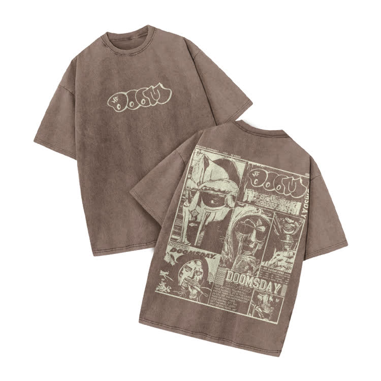 Vintage Doomsday Mask Panel Print Acid Washed T-Shirt - Coffee - US20-22(3XL) - image 3