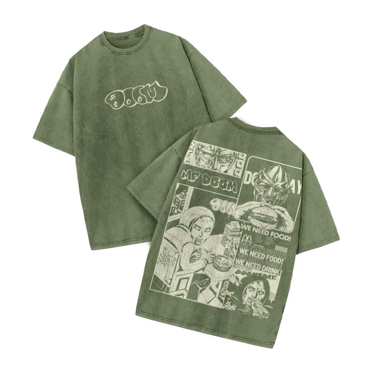 Urban Vintage Streetwear Comic Panel  Acid Washed T-Shirt - Army Green - US20-22(3XL) - image 5