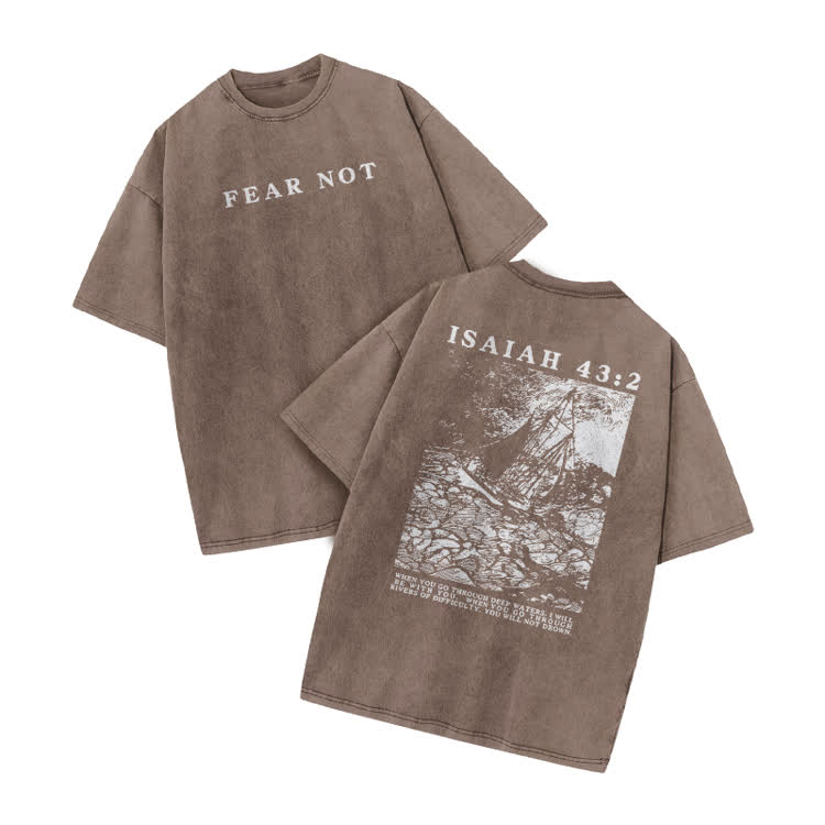 Street Fear Not Isaiah 43:2 Print Acid Washed T-shirt - Coffee - US20-22(3XL) - image 4