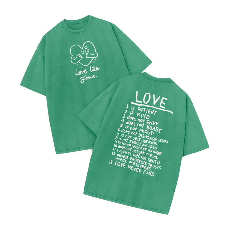 Love Like Jesus Print Acid Washed T-shirt - Green - US20-22(3XL) - image 2