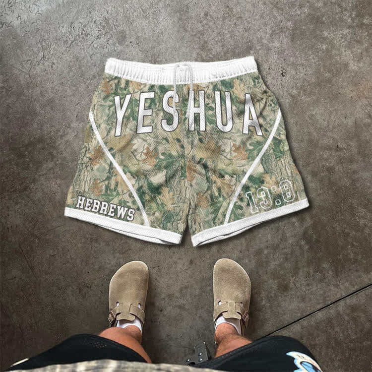 Yeshua Leaf Camo Graphic Print Mesh Shorts - Green - 5XL - image 1