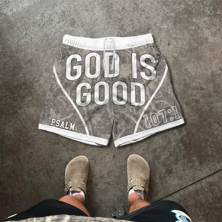Street Camo God Is Good Graphic Print Mesh Shorts - Olive Green - 5XL - image 2