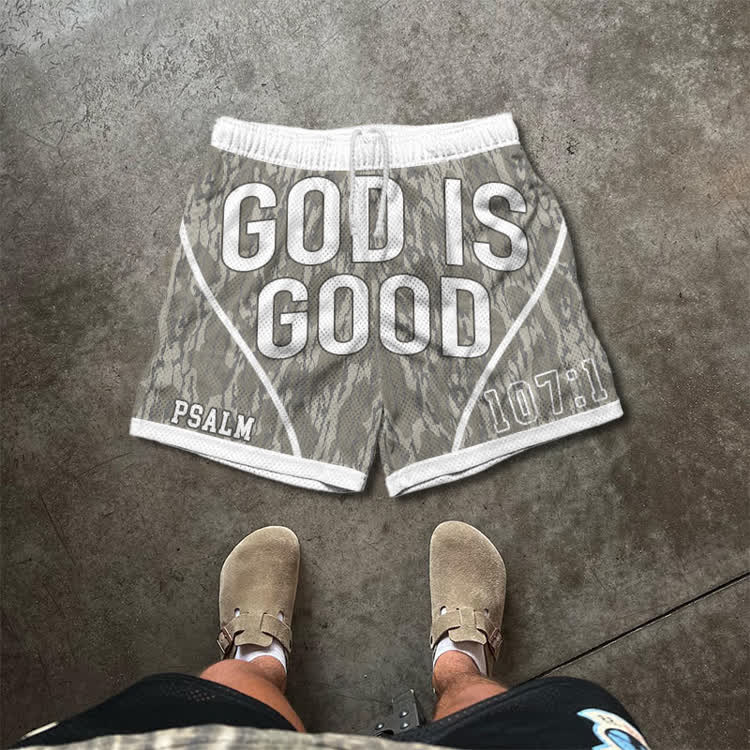 Street Camo God Is Good Graphic Print Mesh Shorts - Khaki - 5XL - image 1