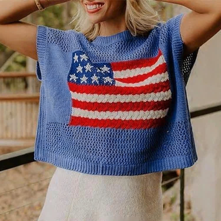 Summer Women's Flag Cutout Design Knitted T-shirt - image 2