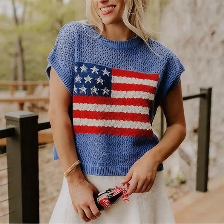 Summer Women's Flag Cutout Design Knitted T-shirt - Blue - 2XL - image 1