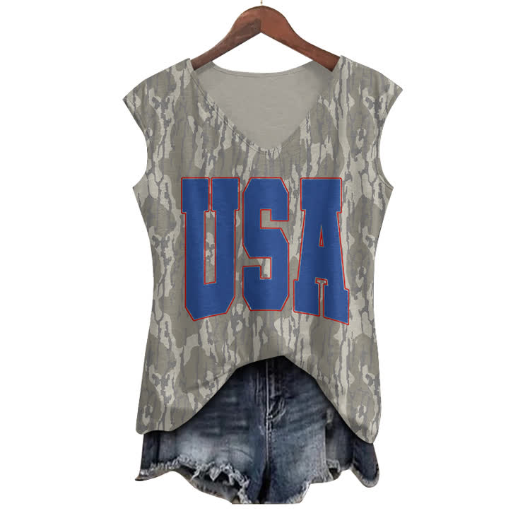 USA Camo Print V-neck Tank Top - Blue - 5XL - image 2