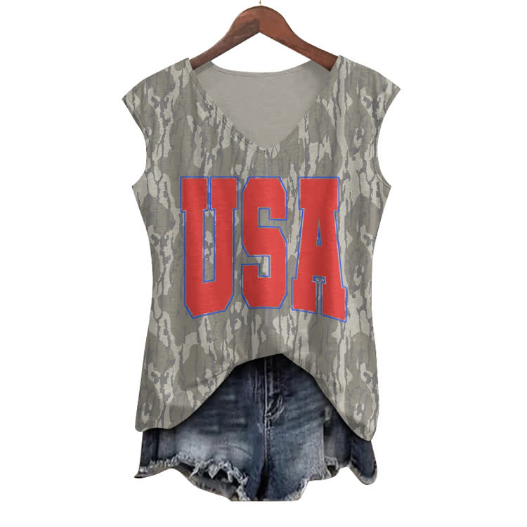 USA Camo Print V-neck Tank Top - Red - 5XL - image 1