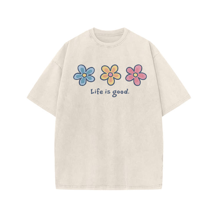 Sunny Bloom Life Is Good Print Acid Washed T-shirt - Beige - US20-22(3XL) - image 2