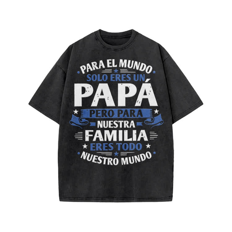 Papa, For Our Family, You Are The World Graphic Print Acid Washed T-Shirt - Black - US20-22(3XL) - image 2