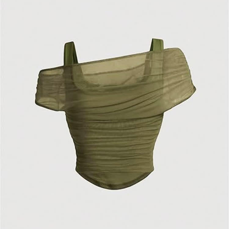Ruched Mesh Cropped Pullover Cami Top - Army Green - 2XL - image 1