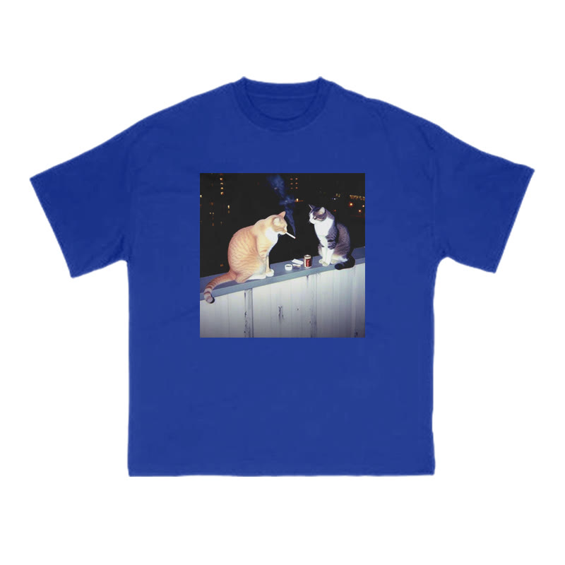 Unisex 100% Cotton Smoking Decadent Cat Print T-shirt - Blue - US16-18(2XL) - image 9