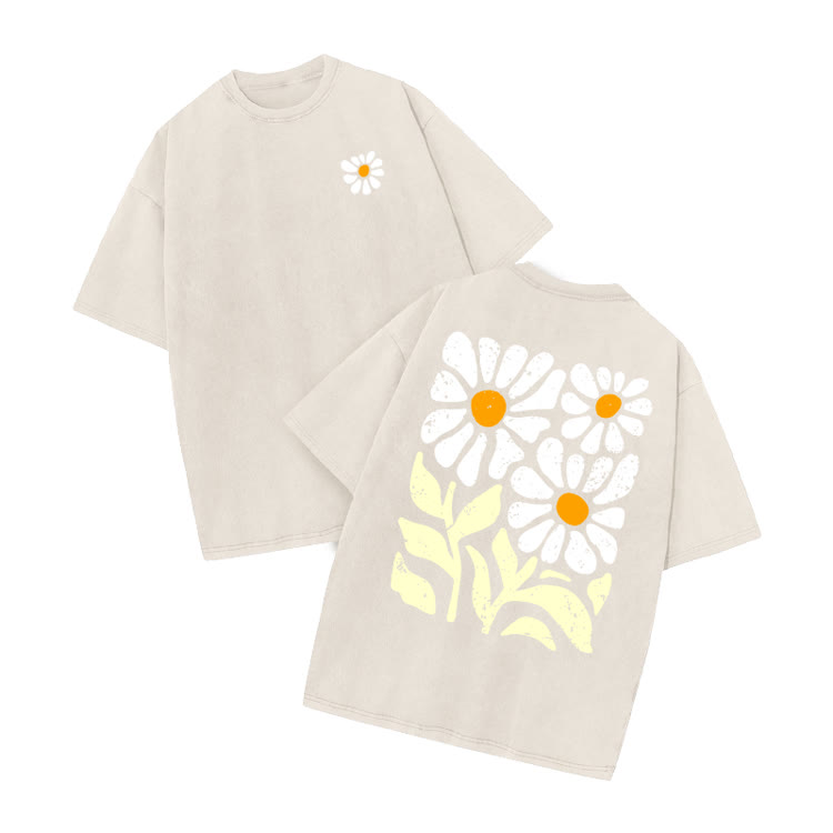 Vintage Washed Daisy Graphic Print Acid Washed T-shirt - Beige - US20-22(3XL) - image 5