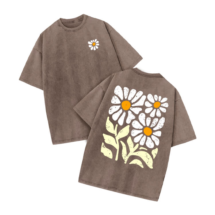 Vintage Washed Daisy Graphic Print Acid Washed T-shirt - Coffee - US20-22(3XL) - image 3