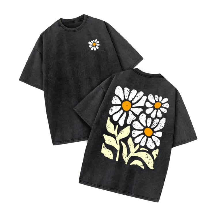 Vintage Washed Daisy Graphic Print Acid Washed T-shirt - Black - US20-22(3XL) - image 4