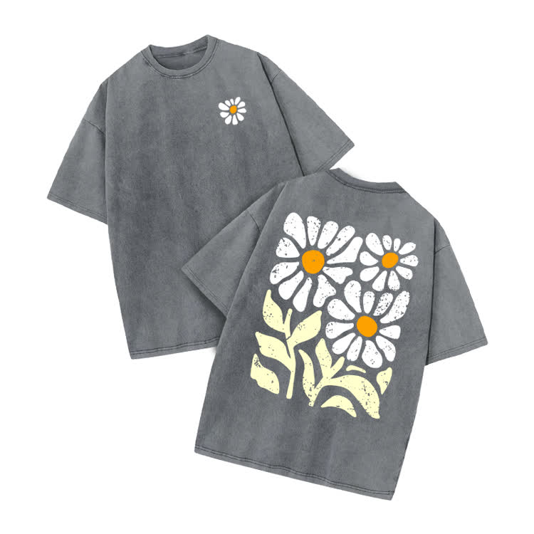 Vintage Washed Daisy Graphic Print Acid Washed T-shirt - Grey - US20-22(3XL) - image 1