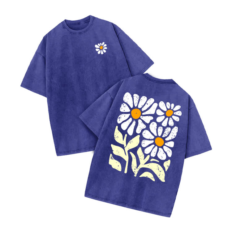 Vintage Washed Daisy Graphic Print Acid Washed T-shirt - Blue - US20-22(3XL) - image 8