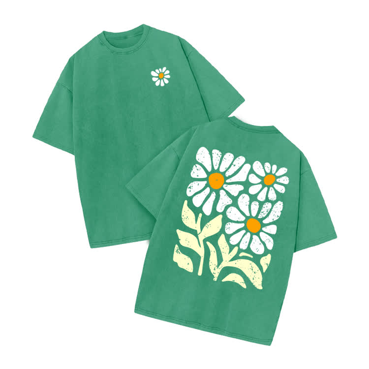 Vintage Washed Daisy Graphic Print Acid Washed T-shirt - Green - US20-22(3XL) - image 2