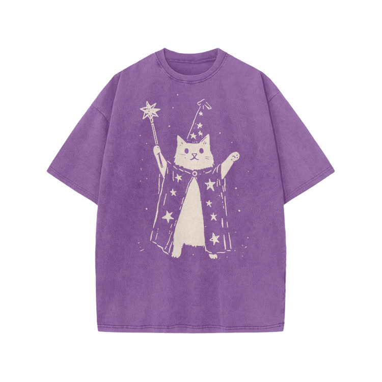 Vintage Wizard Cat Graphic Print Acid Washed T-shirt - Purple - US20-22(3XL) - image 3
