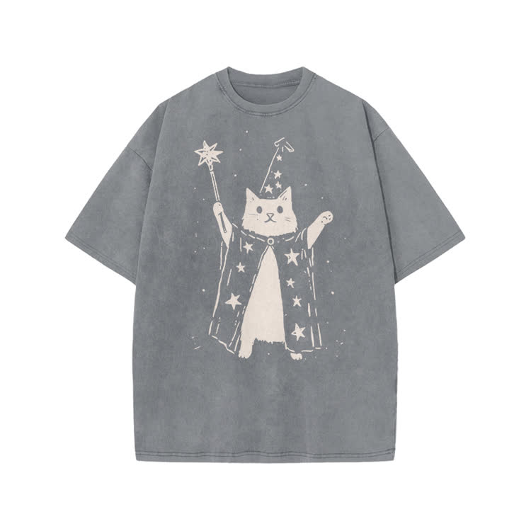 Vintage Wizard Cat Graphic Print Acid Washed T-shirt - Grey - US20-22(3XL) - image 2