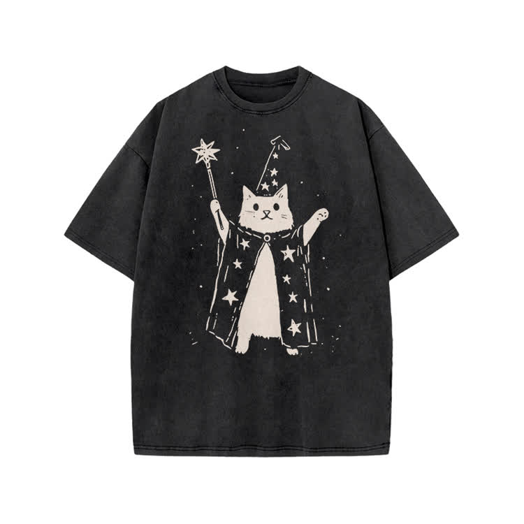 Vintage Wizard Cat Graphic Print Acid Washed T-shirt - Black - US20-22(3XL) - image 1
