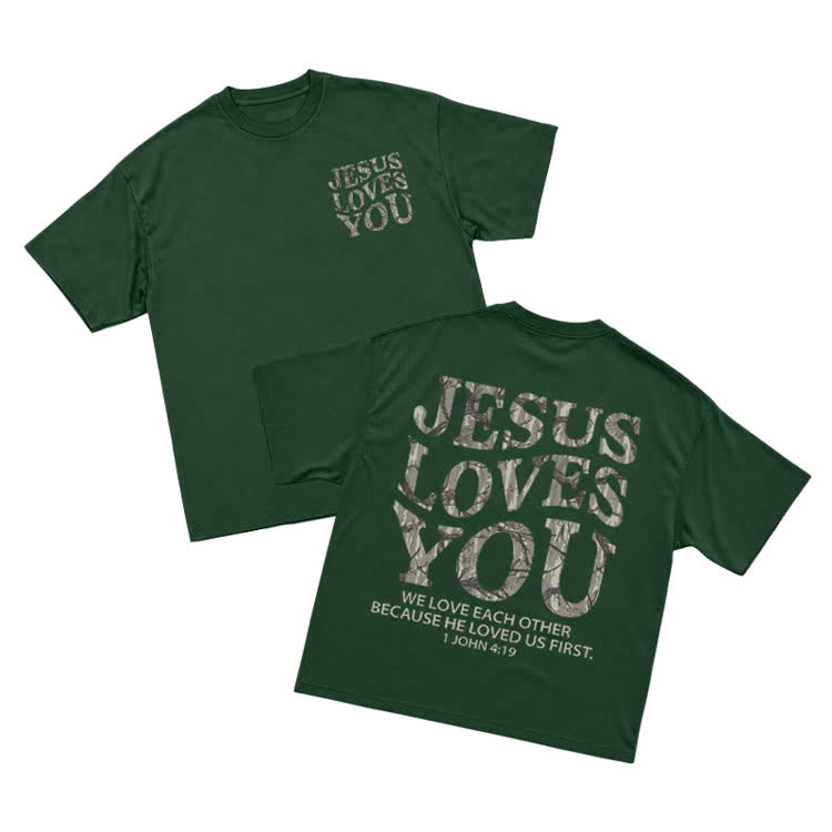 Jesus Loves You Vintage Camo Graphic Oversized T-Shirt - Green - US16-18(2XL) - image 1