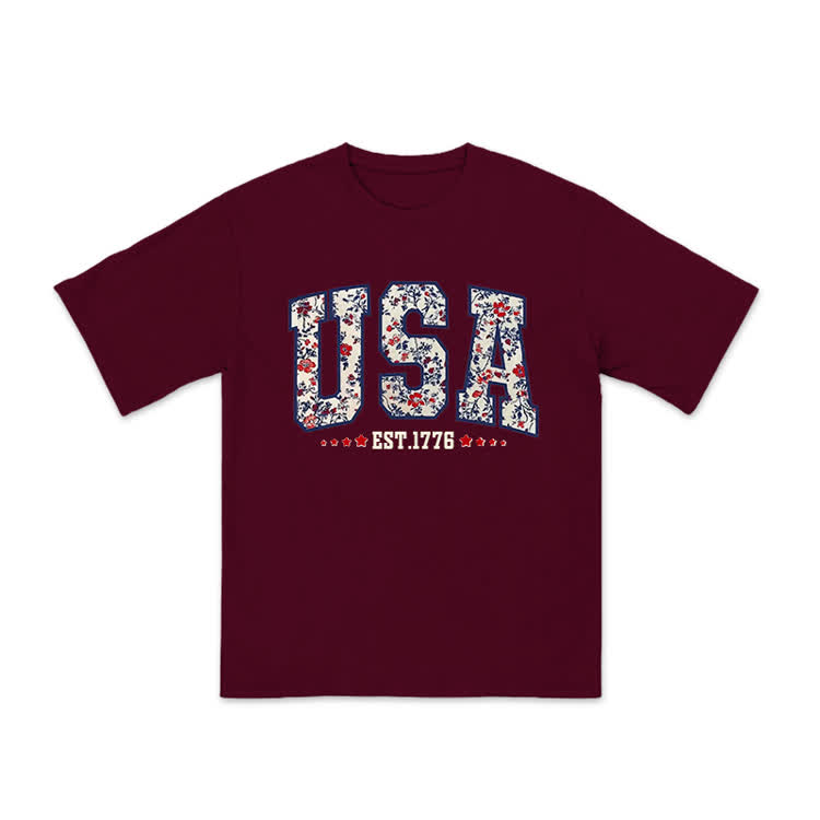 Boho Floral USA 1776 Print T-shirt - Wine - US20-22(3XL) - image 1