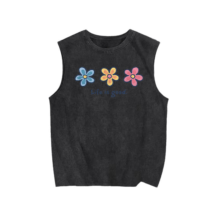  Sunny Bloom Life Is Good Print Washed Tank Top - Black - US20-22(3XL) - image 1
