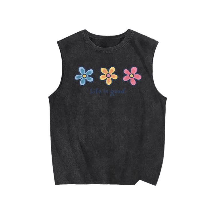  Sunny Bloom Life Is Good Print Washed Tank Top - Black - US20-22(3XL) - image 1