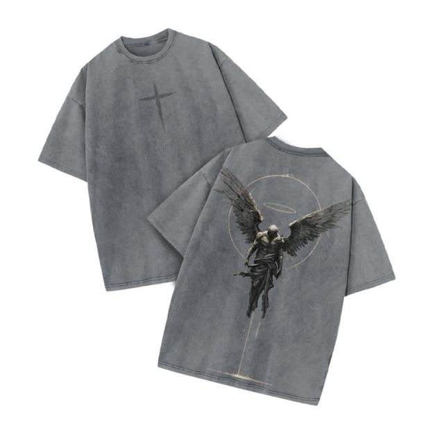 Vintage Angel Halo Graphic Print Acid Washed T-shirt - Grey - US20-22(3XL) - image 2
