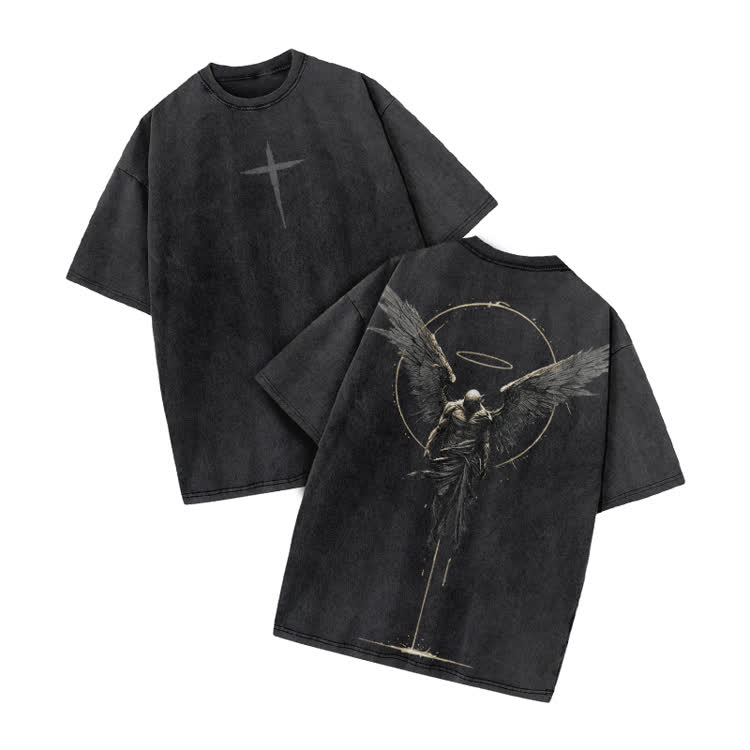 Vintage Angel Halo Graphic Print Acid Washed T-shirt - Black - US20-22(3XL) - image 1