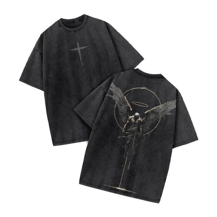 Vintage Angel Halo Graphic Print Acid Washed T-shirt - Black - US20-22(3XL) - image 1