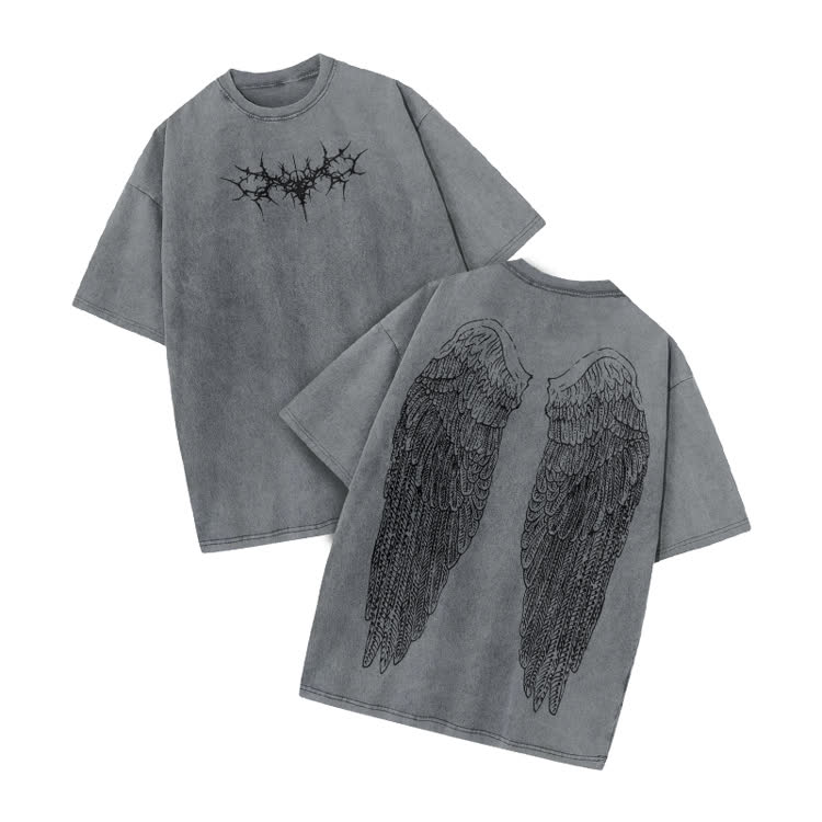 Vintage Angel Wings Graphic Print Acid Washed T-shirt - Grey - US20-22(3XL) - image 2
