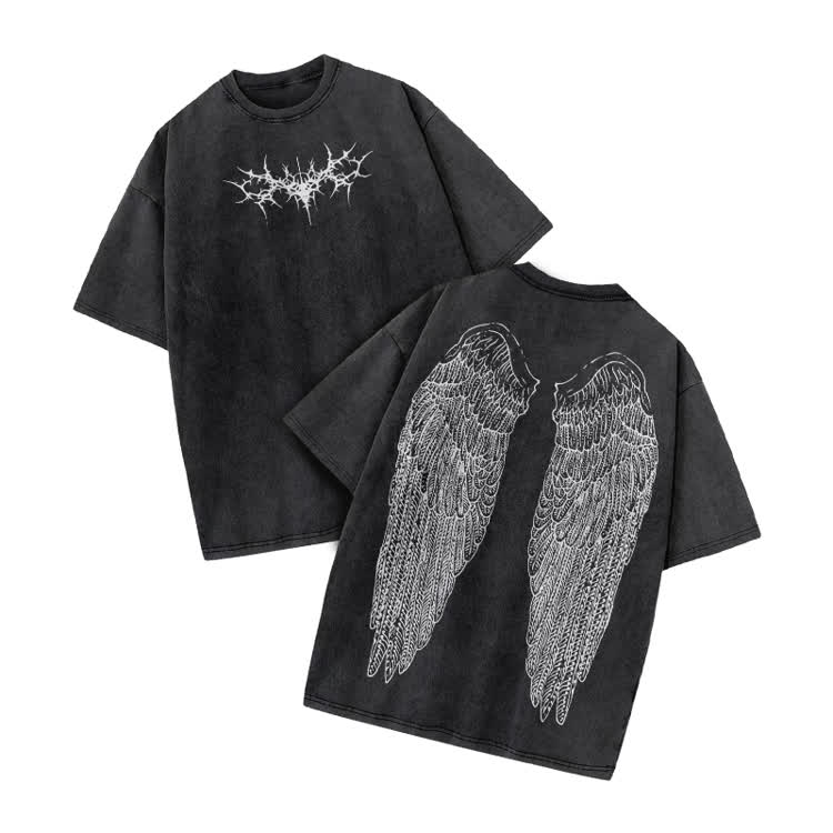 Vintage Angel Wings Graphic Print Acid Washed T-shirt - Black - US20-22(3XL) - image 1