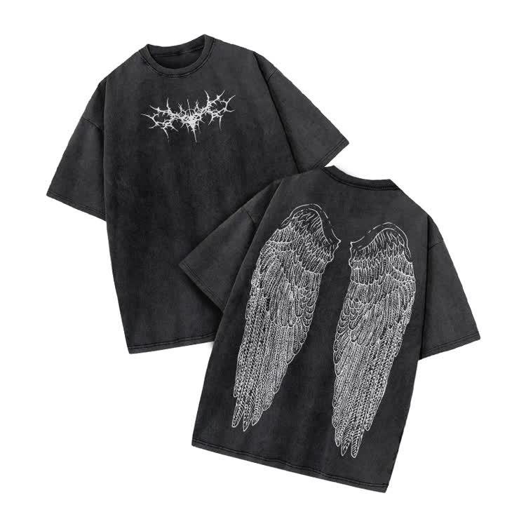 Vintage Angel Wings Graphic Print Acid Washed T-shirt - Black - US20-22(3XL) - image 1