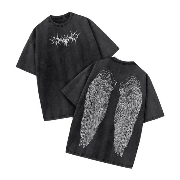Vintage Angel Wings Graphic Print Acid Washed T-shirt - Black - US20-22(3XL) - image 1
