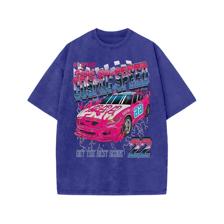 Street Cosmic Speed Racing Graphic Print Acid Washed T-shirt - Purple - US20-22(3XL) - image 2
