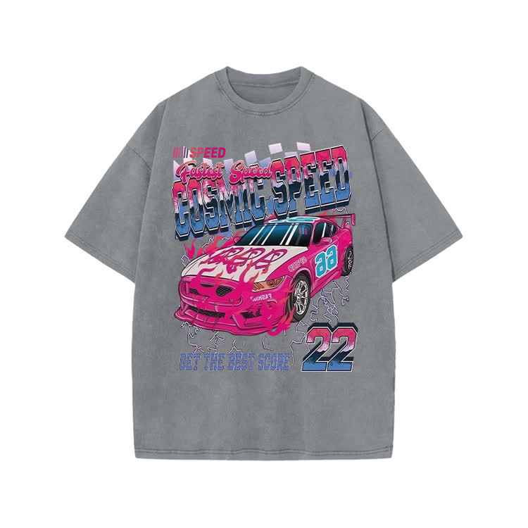 Street Cosmic Speed Racing Graphic Print Acid Washed T-shirt - Grey - US20-22(3XL) - image 1