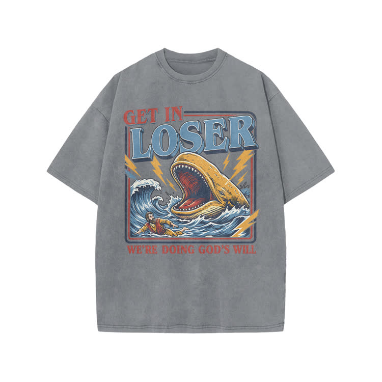 Street Retro Get In Loser Graphic Print Acid Washed T-shirt - Grey - US20-22(3XL) - image 2