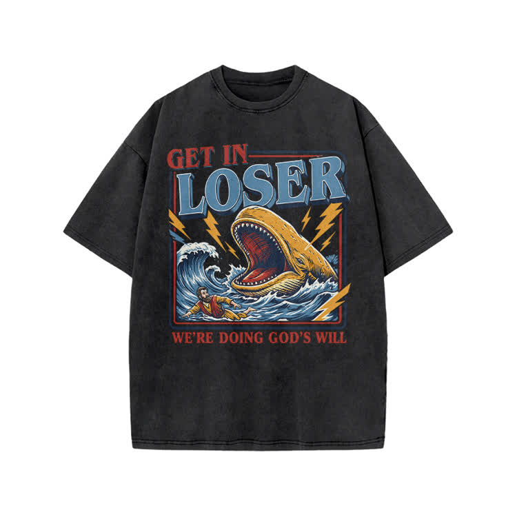 Street Retro Get In Loser Graphic Print Acid Washed T-shirt - Black - US20-22(3XL) - image 1