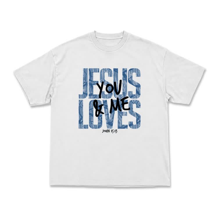 Classic Jesus Loves You and Me Graphic T-Shirt - White+Blue - US16-18(2XL) - image 1