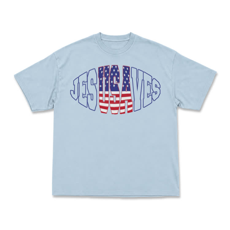 Patriotic Star Stripe Print T-Shirt - Light Blue - US16-18(2XL) - image 1