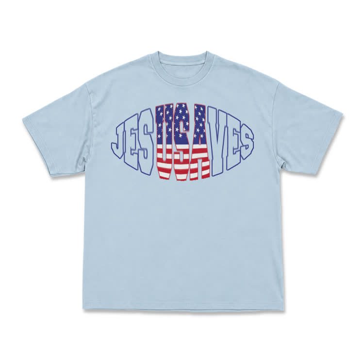 Patriotic Star Stripe Print T-Shirt - Light Blue - US16-18(2XL) - image 1