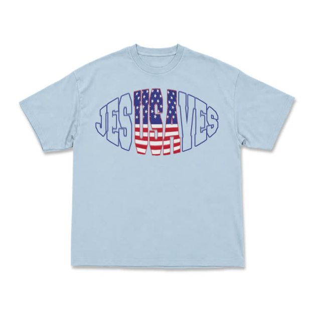 Patriotic Star Stripe Print T-Shirt - Light Blue - US16-18(2XL) - image 1