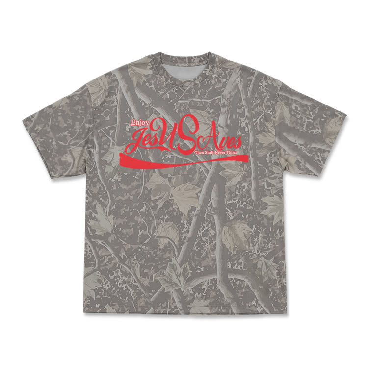 Casual Jesus Saves Script Leaf Camo Graphic T-Shirt - Olive Green - 8XL - image 2