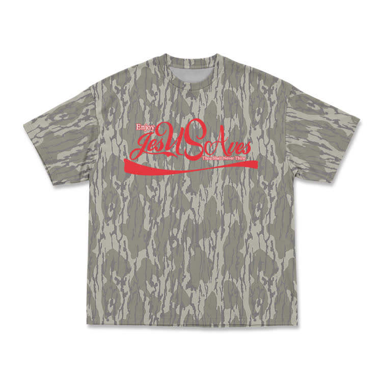 Casual Jesus Saves Script Leaf Camo Graphic T-Shirt - Khaki - 8XL - image 1