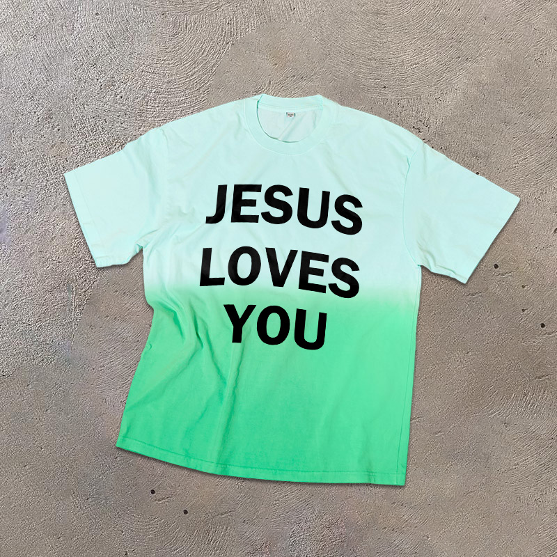 Unisex Jesus Loves You Print Ombre Acid Washed T-shirt - Green - US24-26(4XL) - image 5