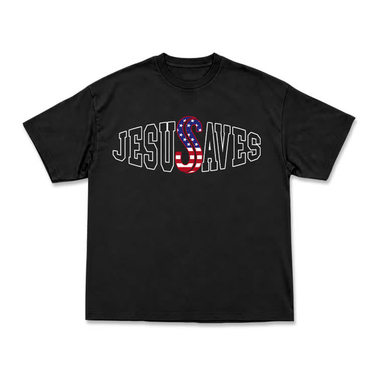 Classic Jesus Saves Flag Print T-Shirt - Black - US16-18(2XL) - image 2