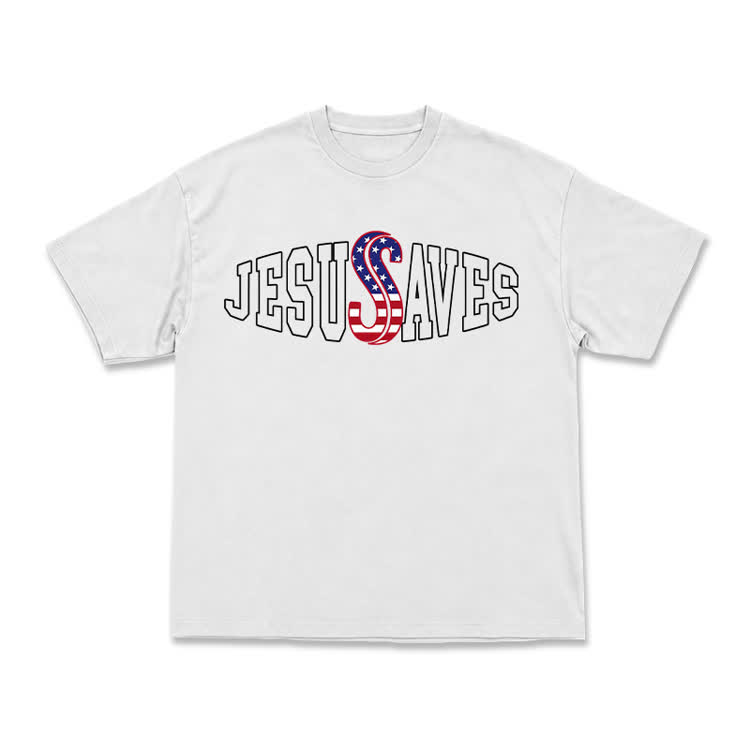 Classic Jesus Saves Flag Print T-Shirt - White - US16-18(2XL) - image 1