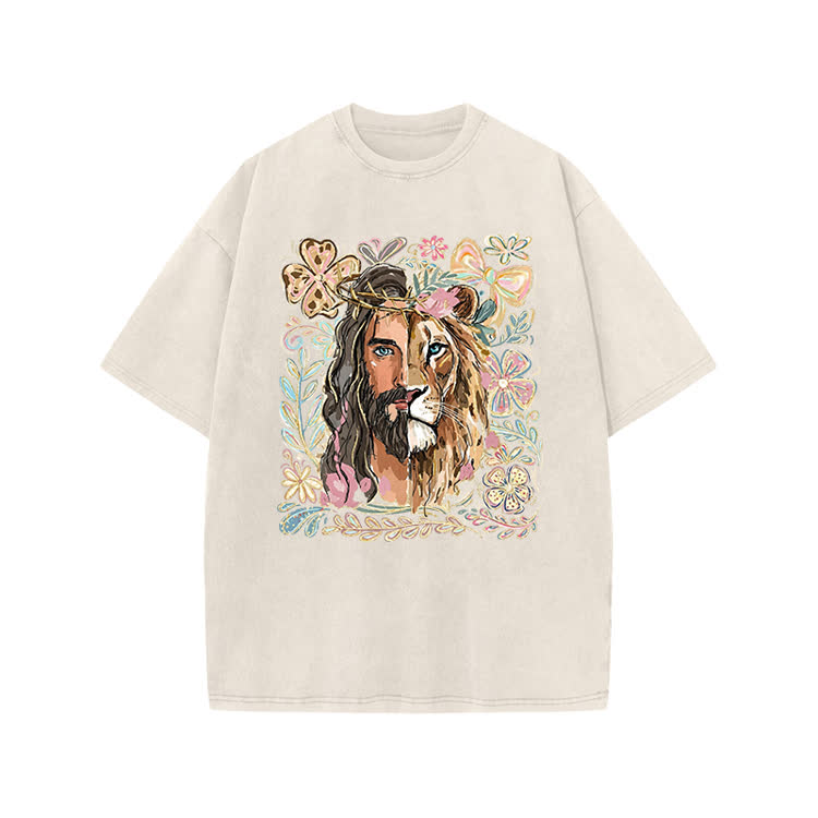 Vintage Lion Portrait Print Acid Washed T-shirt - Beige - US20-22(3XL) - image 2