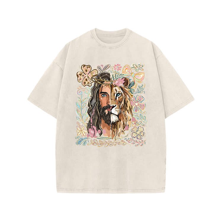 Vintage Lion Portrait Print Acid Washed T-shirt - Beige - US20-22(3XL) - image 2
